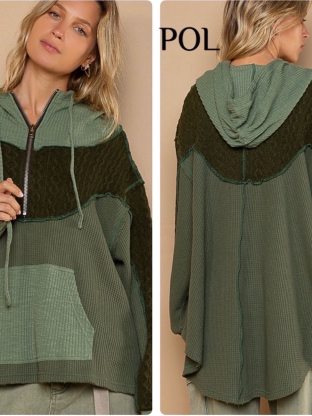 POL Olive Two-Tone Hooded Waffle Knit Pullover oversized